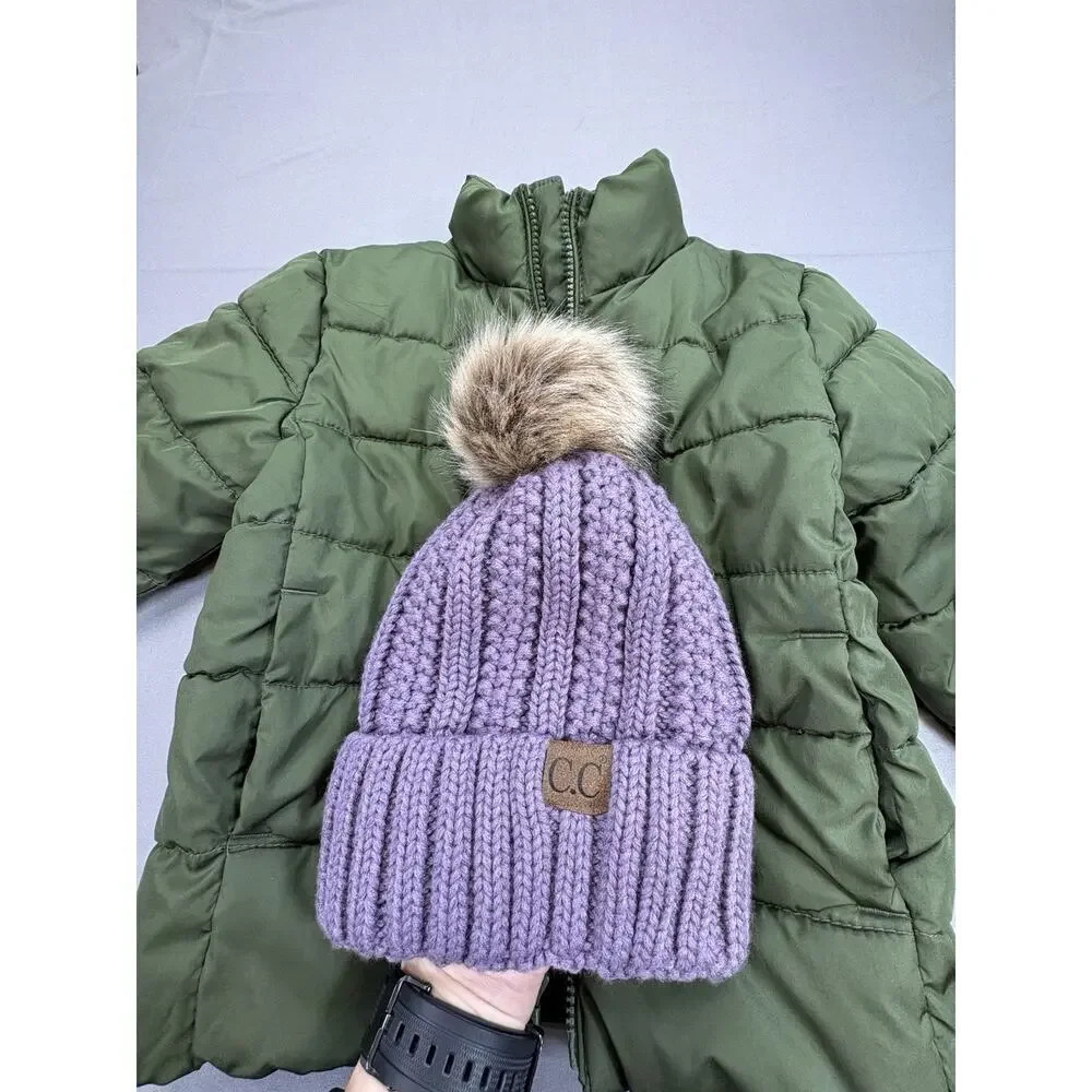 Children’s Place Green Puffer Coat SZ 5/6 Unisex + Purple CC Beanie Kids Bundle